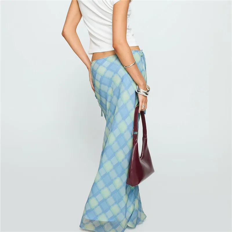 Plaid Bandage Split Maxi Skirt