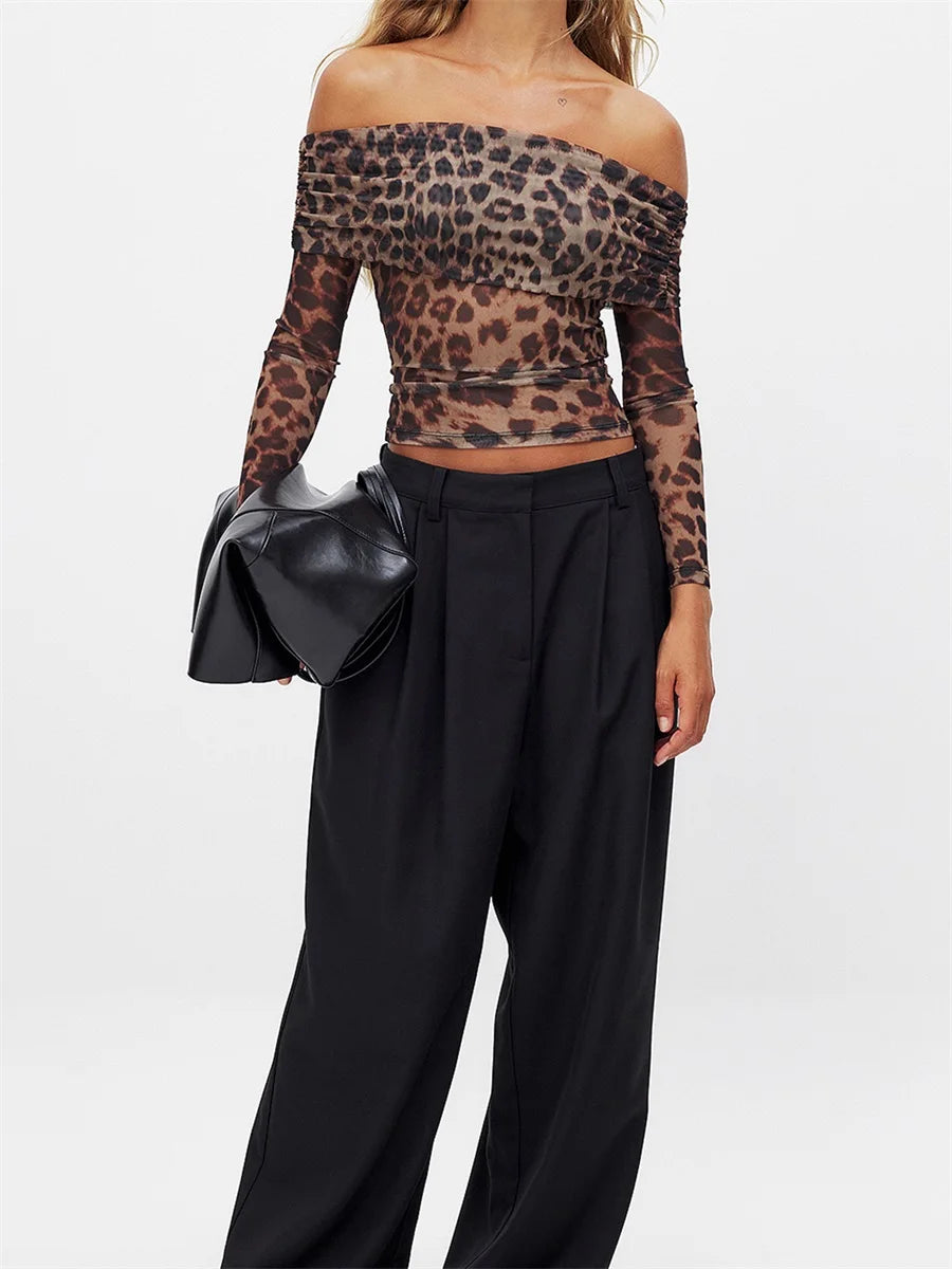 Leopard Mesh Ruched Top