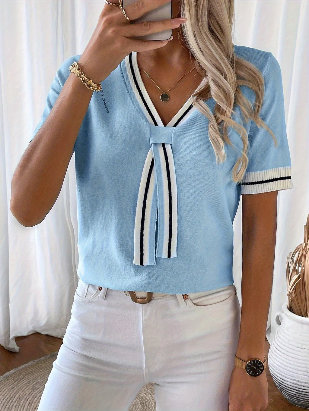 Ribbon V-Neck Knit Top