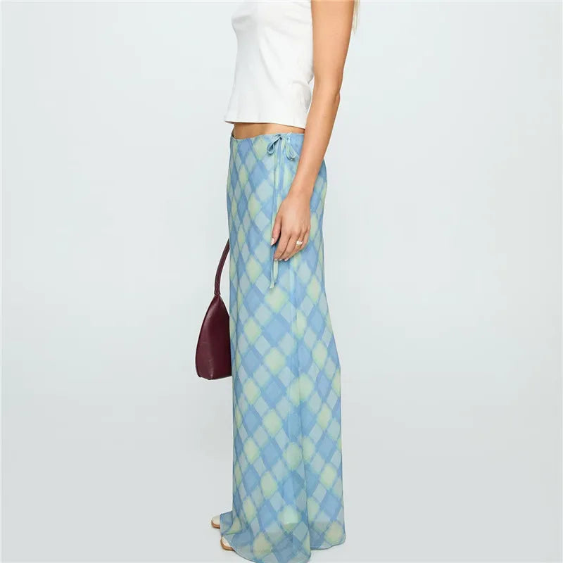 Plaid Bandage Split Maxi Skirt