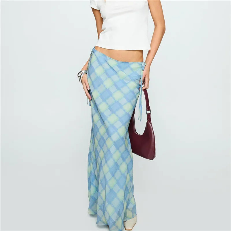 Plaid Bandage Split Maxi Skirt
