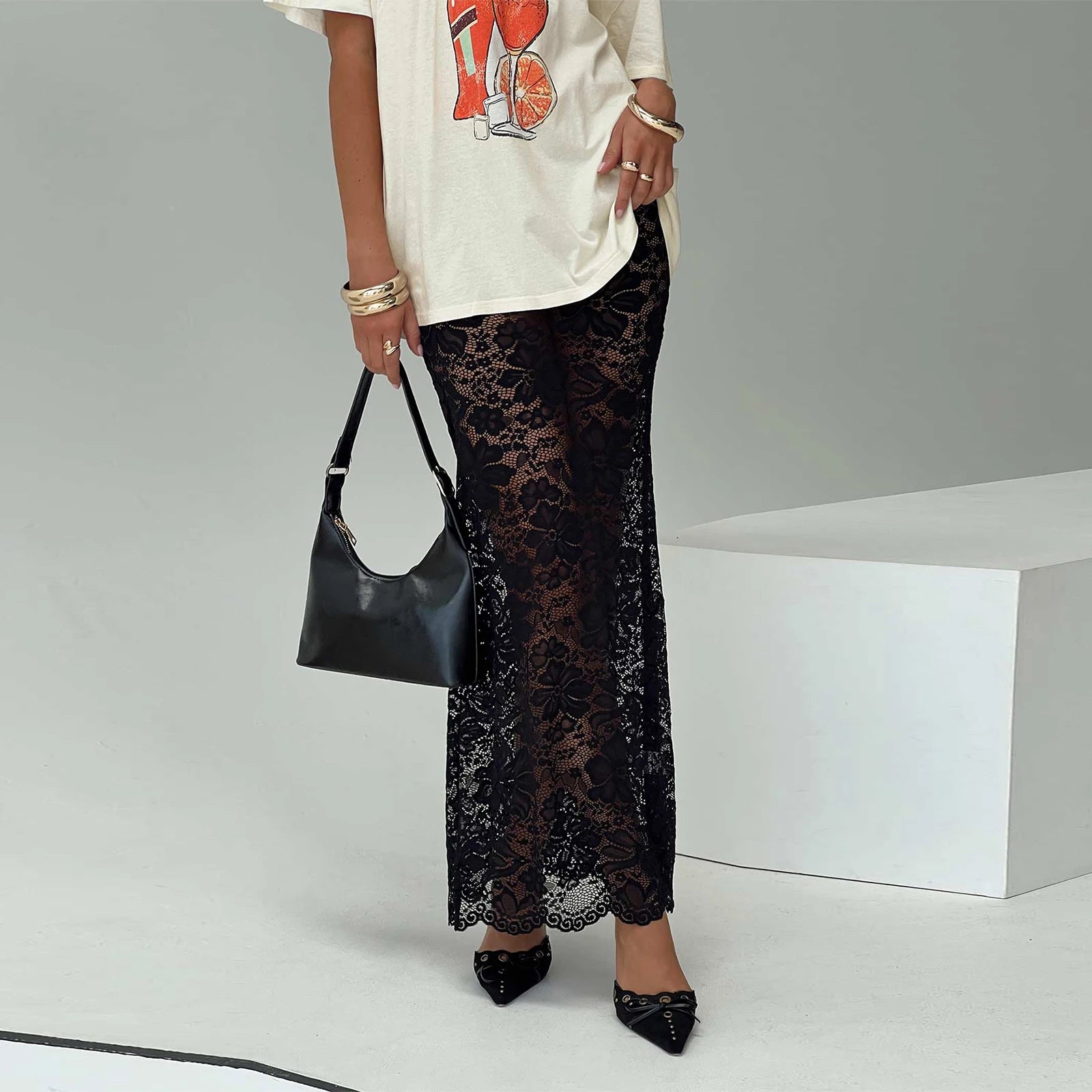 Sheer Lace Maxi Skirt