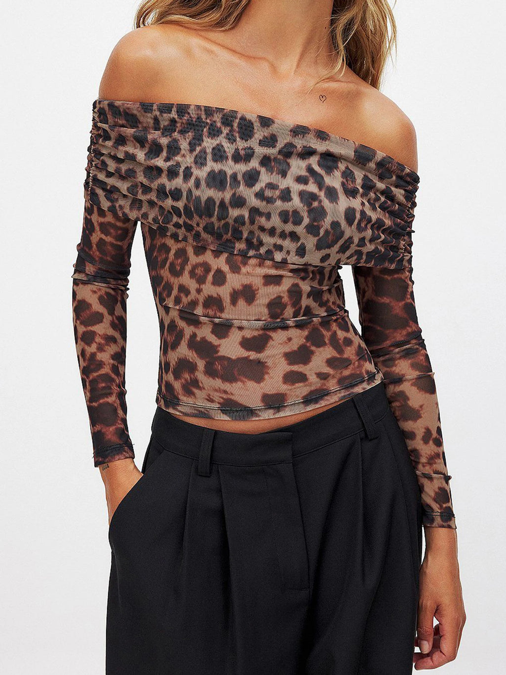 Leopard Mesh Ruched Top