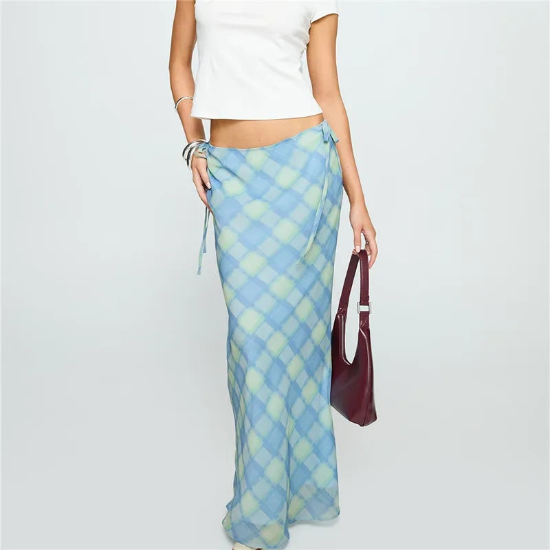 Plaid Bandage Split Maxi Skirt