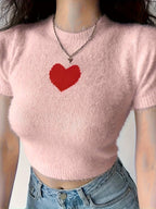 Heart Jacquard Crew Neck Top