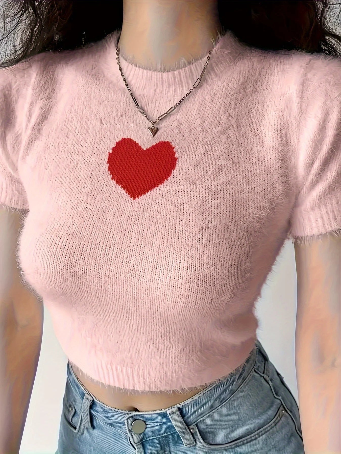 Heart Jacquard Crew Neck Top