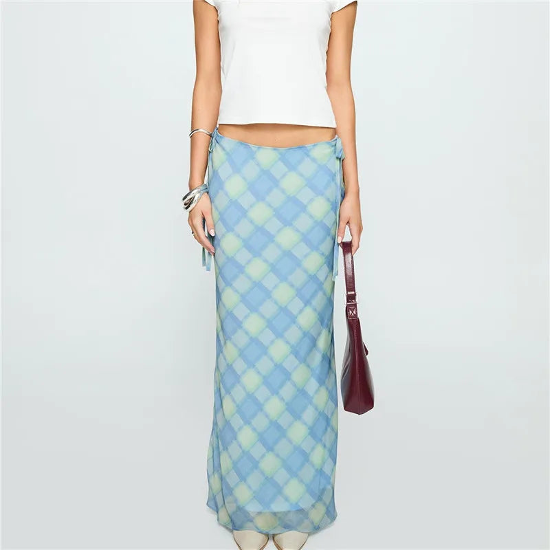 Plaid Bandage Split Maxi Skirt