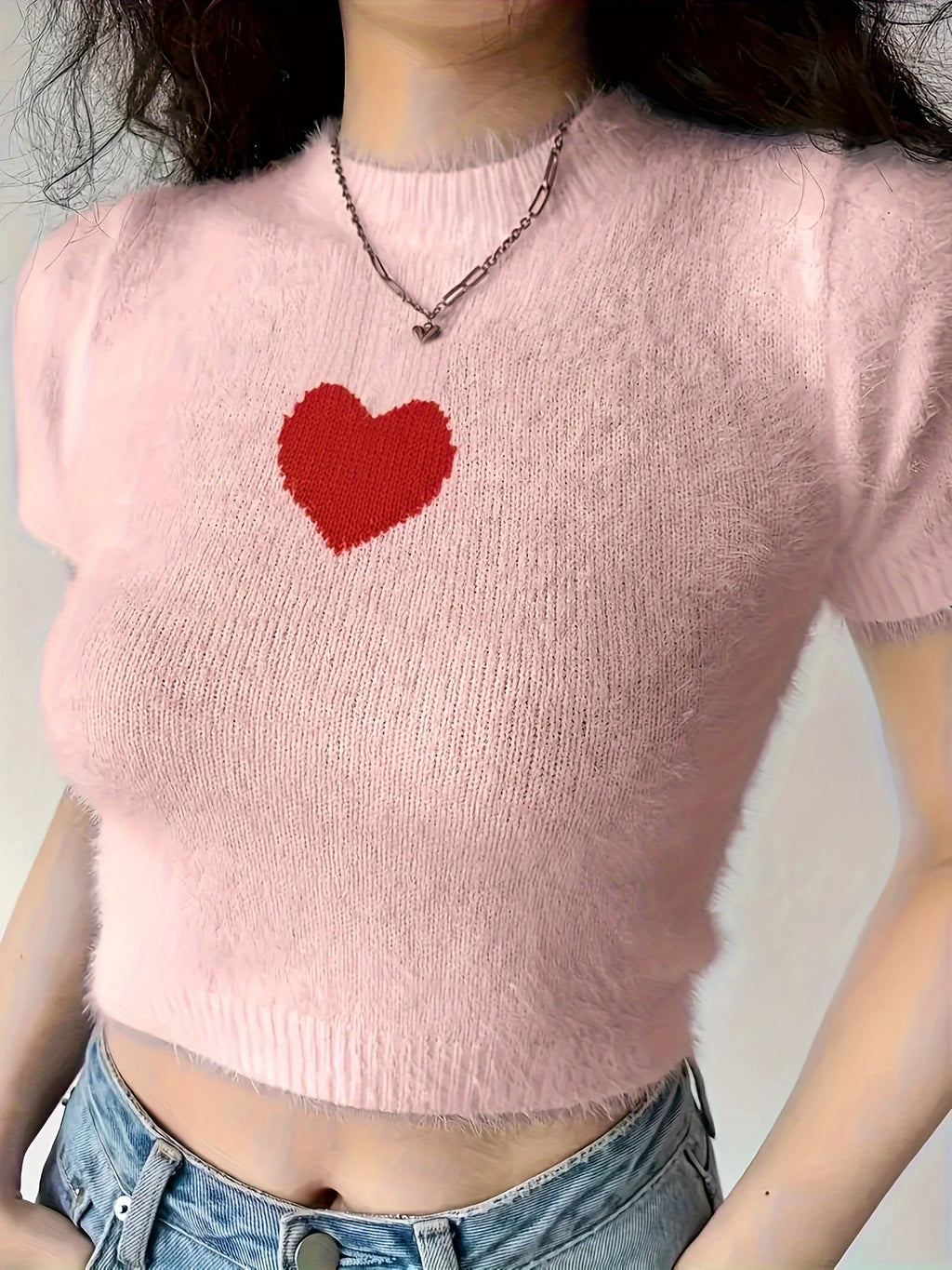 Heart Jacquard Crew Neck Top