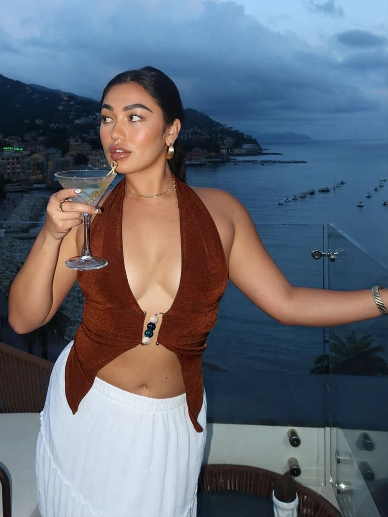 Beaded V-Neck Halter Top