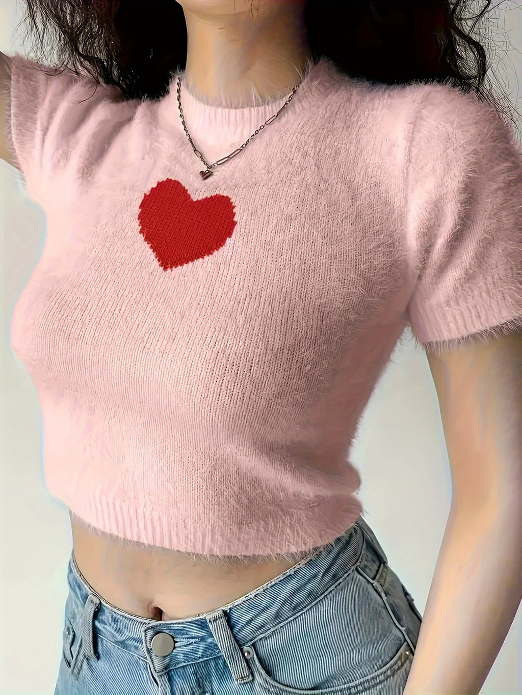 Heart Jacquard Crew Neck Top