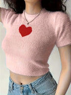 Heart Jacquard Crew Neck Top