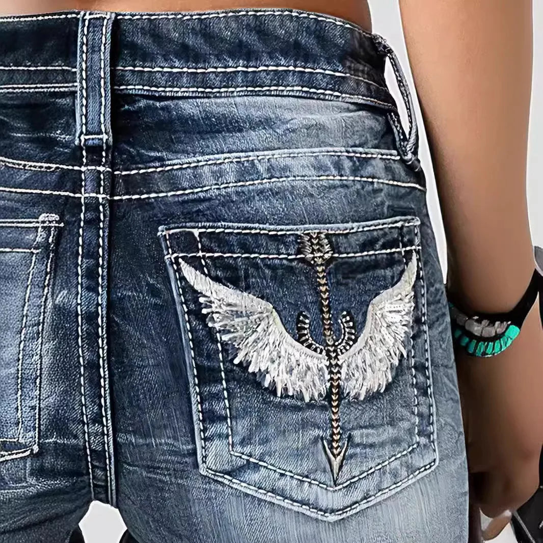 Embroidered Distressed Slim Jeans